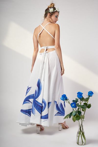 HAND PAINTED BACKLESS LONG DRESS - ROSAS AZULES