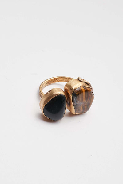 BRONZE RING WITH ONYX AND TIGER'S EYE