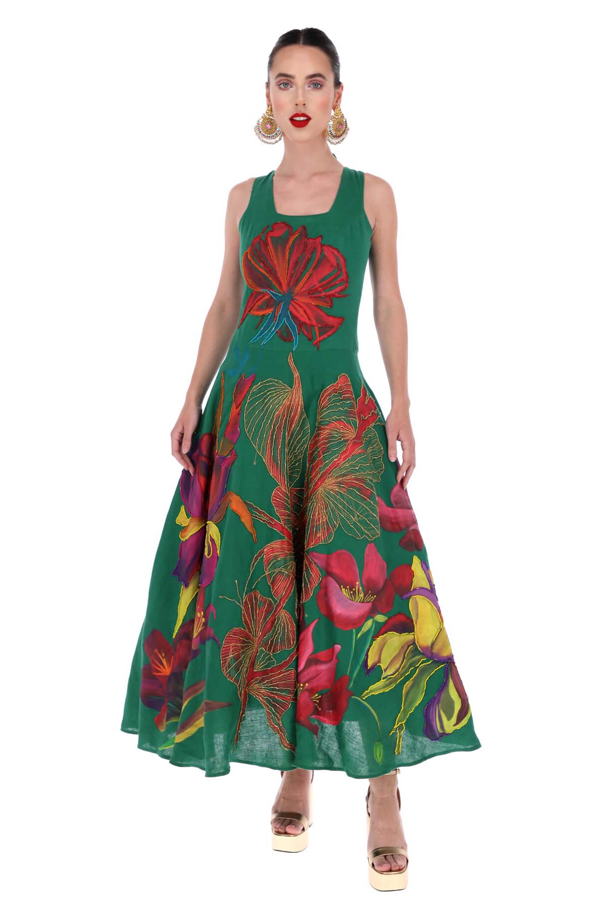 HAND PAINTED AND EMBROIDERED BELL MIDI DRESS - XOCHIQUETZAL