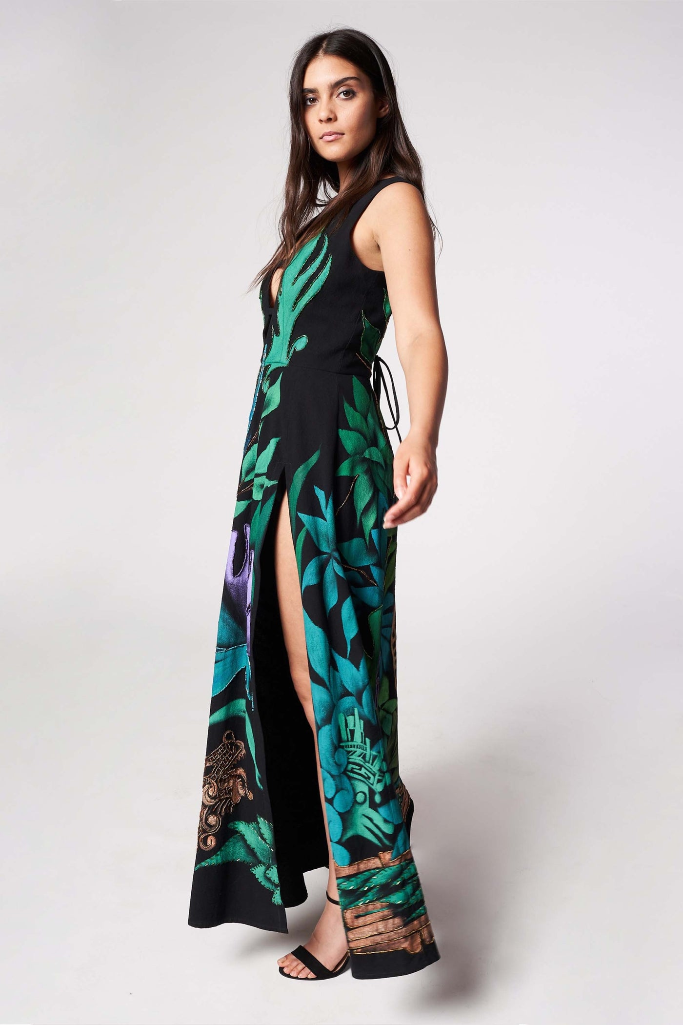 LONG HAND-PAINTED V NECK DRESS - GREEN JAGUAR DYNASTY