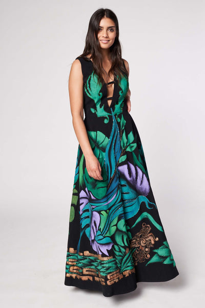 LONG HAND-PAINTED V NECK DRESS - GREEN JAGUAR DYNASTY