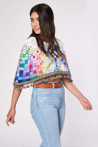 SHORT CAPE WITH HAND-PAINTED BEADED FRINGE - ANIMALES SAGRADOS
