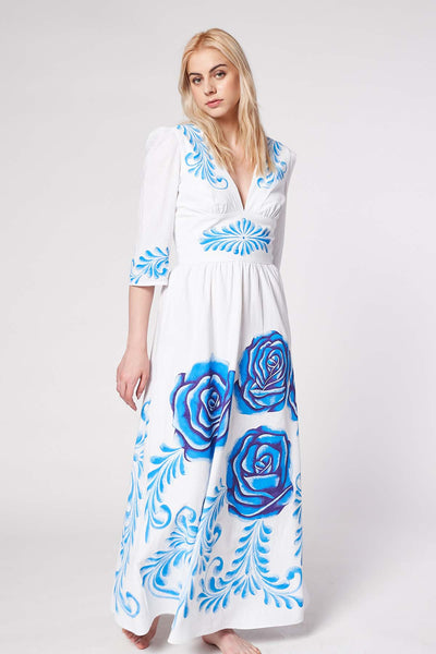 HAND-PAINTED LONG DRESS WITH THREE QUARTER SLEEVES - ROSAS AZULES
