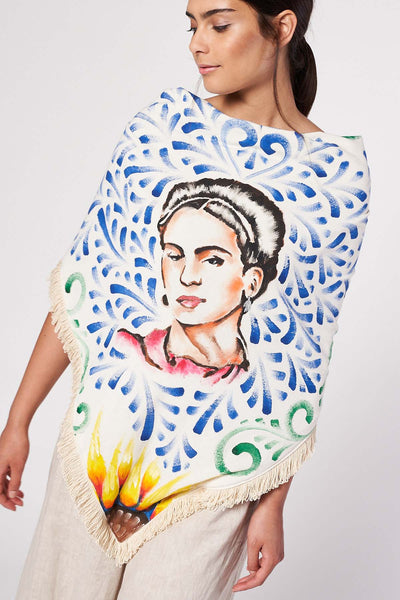 HAND PAINTED COTTON FRINGE TRIANGLE SHAWL - FRIDA KAHLO