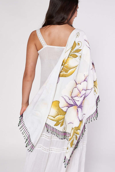 HAND-PAINTED TRIANGULAR SHAWL WITH BEADED FRINGE - FLORES