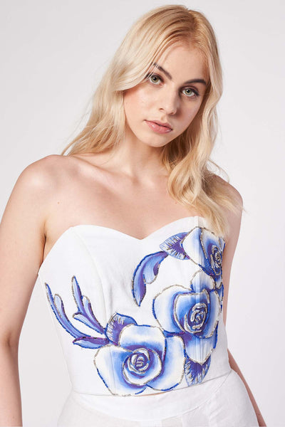 TOP CORTO STRAPLESS DIPINTO E RICAMATO A MANO - ROSAS AZULES