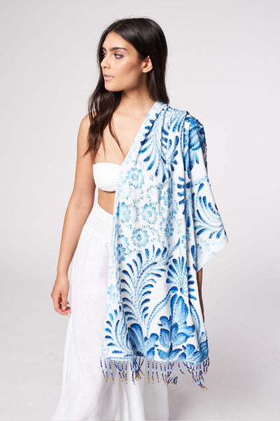 HAND-PAINTED AND HAND-EMBROIDERED SHAWL WITH BEADED FRINGE - TALAVERA AZUL