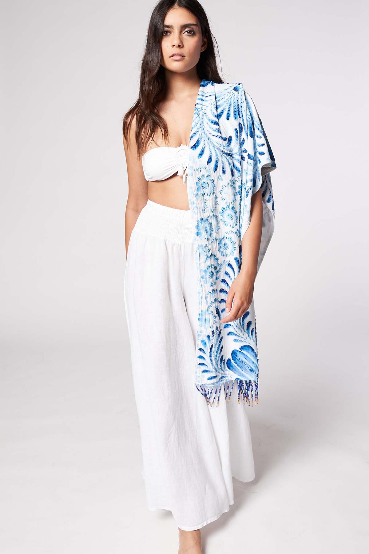 HAND-PAINTED AND HAND-EMBROIDERED SHAWL WITH BEADED FRINGE - TALAVERA AZUL