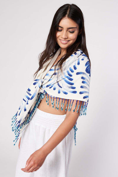 HAND-PAINTED AND HAND-EMBROIDERED TRIANGULAR SHAWL WITH BEADED FRINGE - TALAVERA AZUL