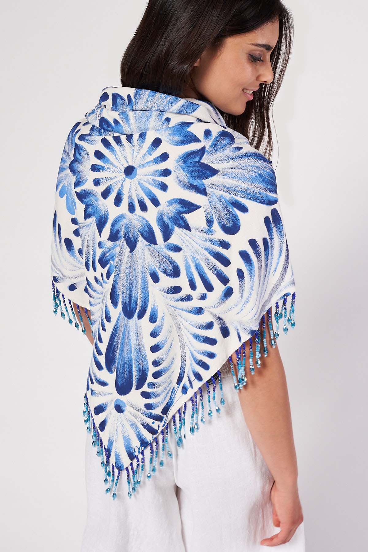 HAND-PAINTED AND HAND-EMBROIDERED TRIANGULAR SHAWL WITH BEADED FRINGE - TALAVERA AZUL