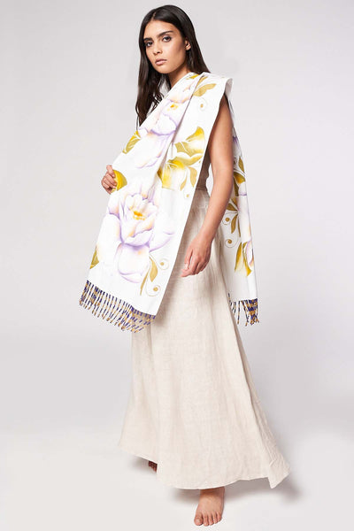 HAND-PAINTED SHAWL WITH BEADED FRINGE - FLORES