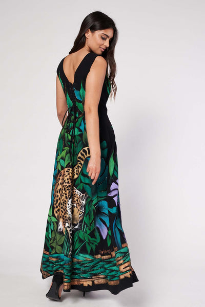 LONG HAND-PAINTED V NECK DRESS - GREEN JAGUAR DYNASTY