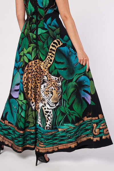 LONG HAND-PAINTED V NECK DRESS - GREEN JAGUAR DYNASTY