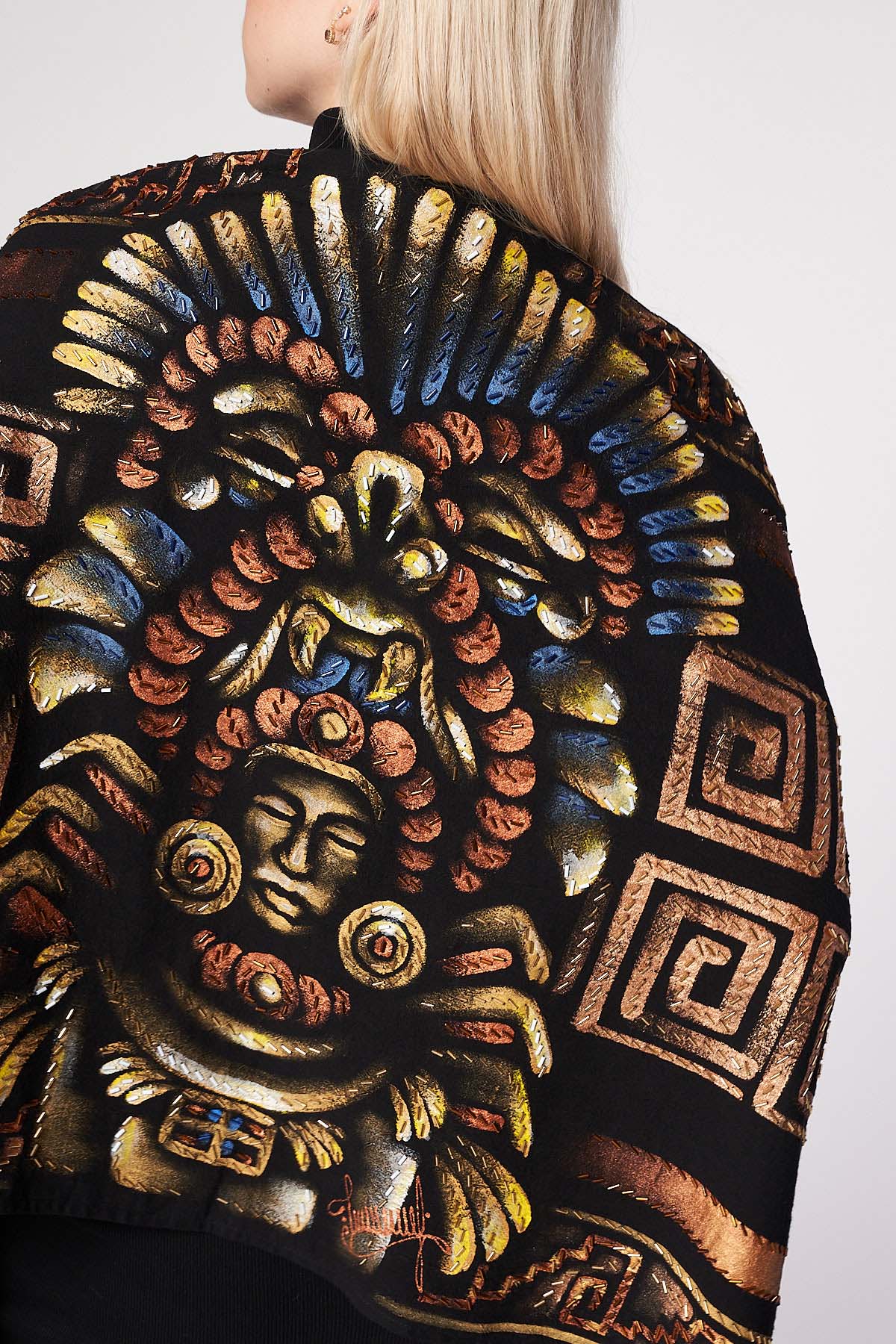 HAND-PAINTED AND HAND-EMBROIDERED SHAWL WITH BEADED FRINGE - GUERREROS