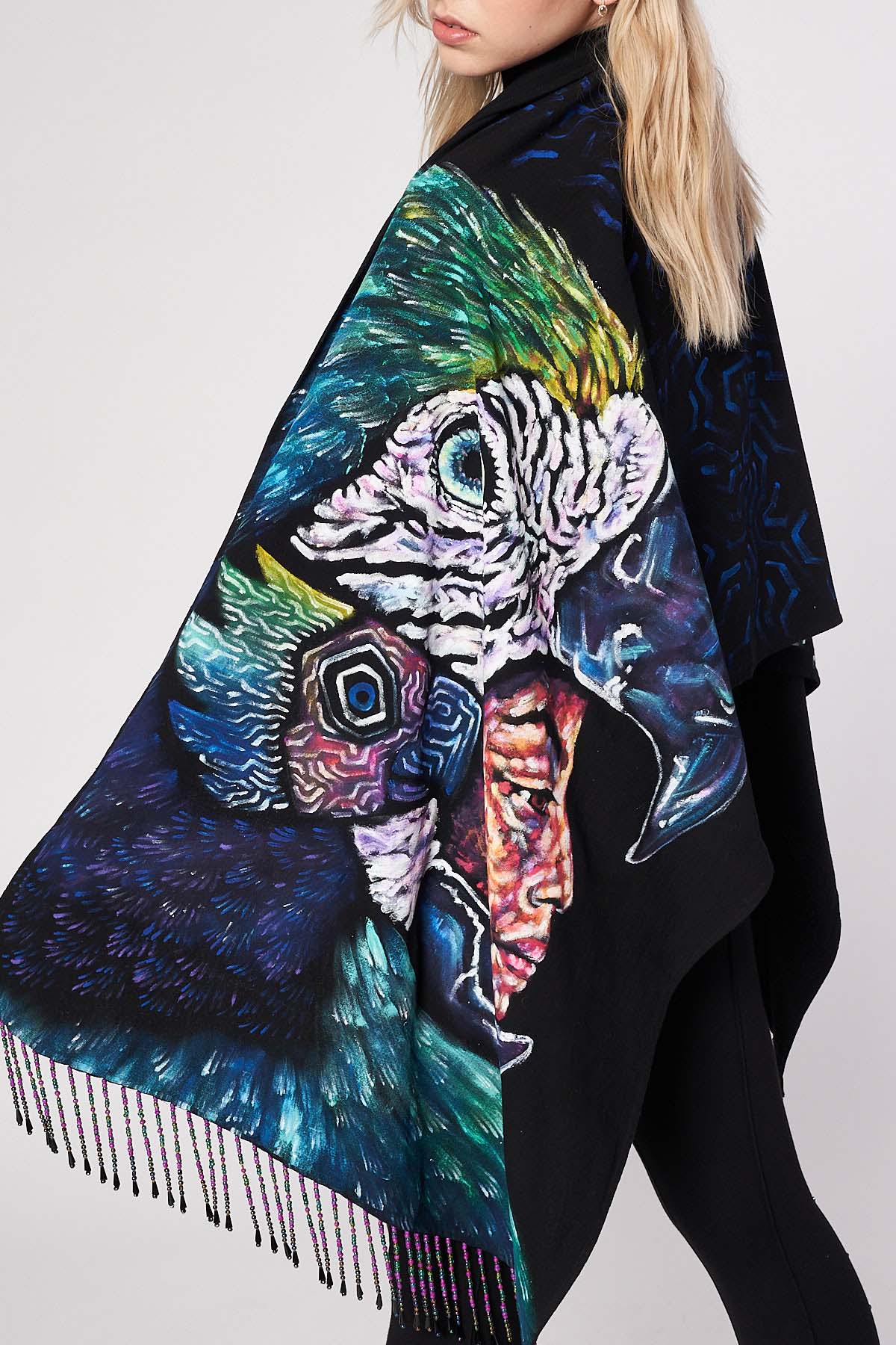 HAND-PAINTED SHAWL WITH BEADED FRINGE - GUERREROS