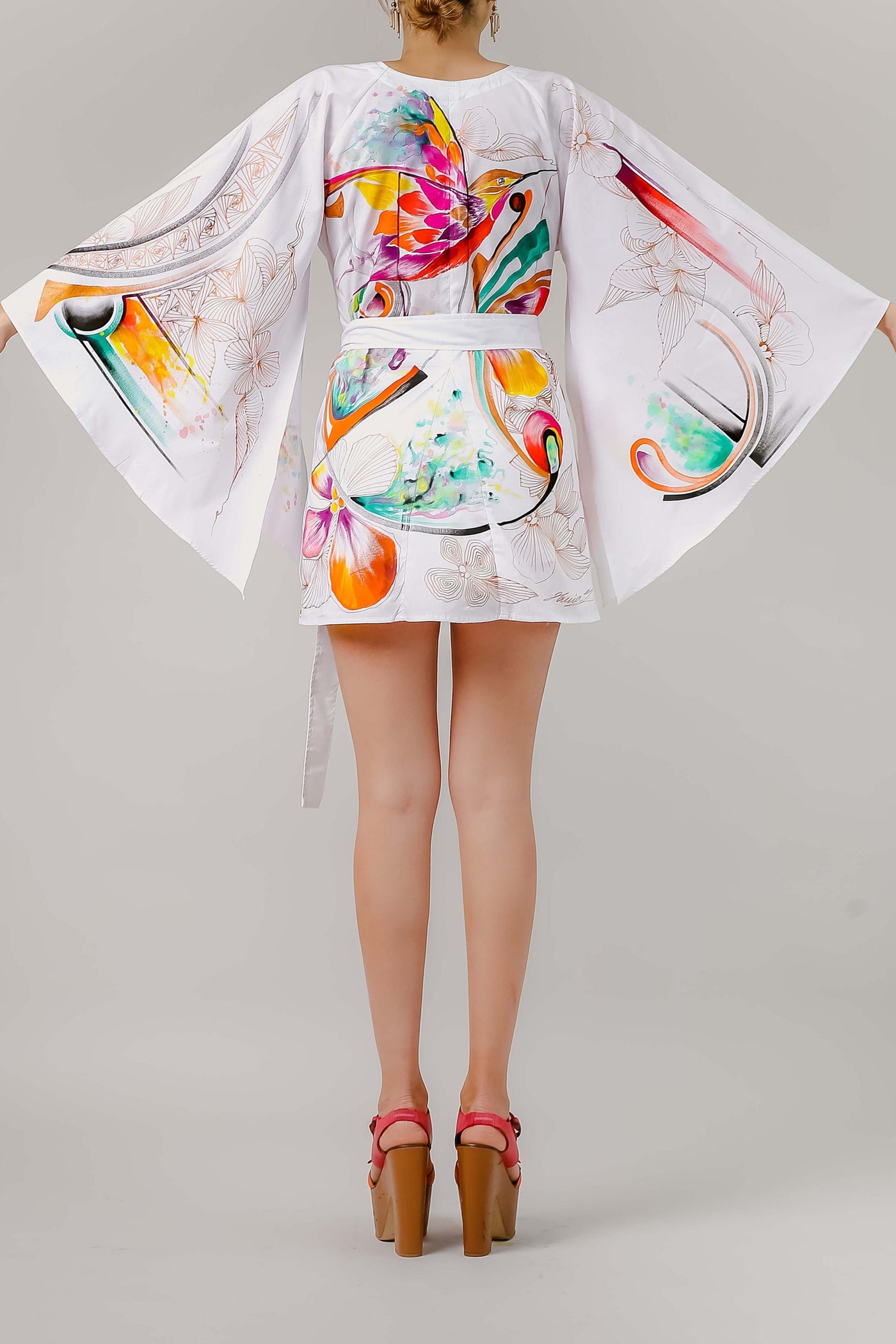 HAND-PAINTED KIMONO SHORT DRESS - COLIBRI