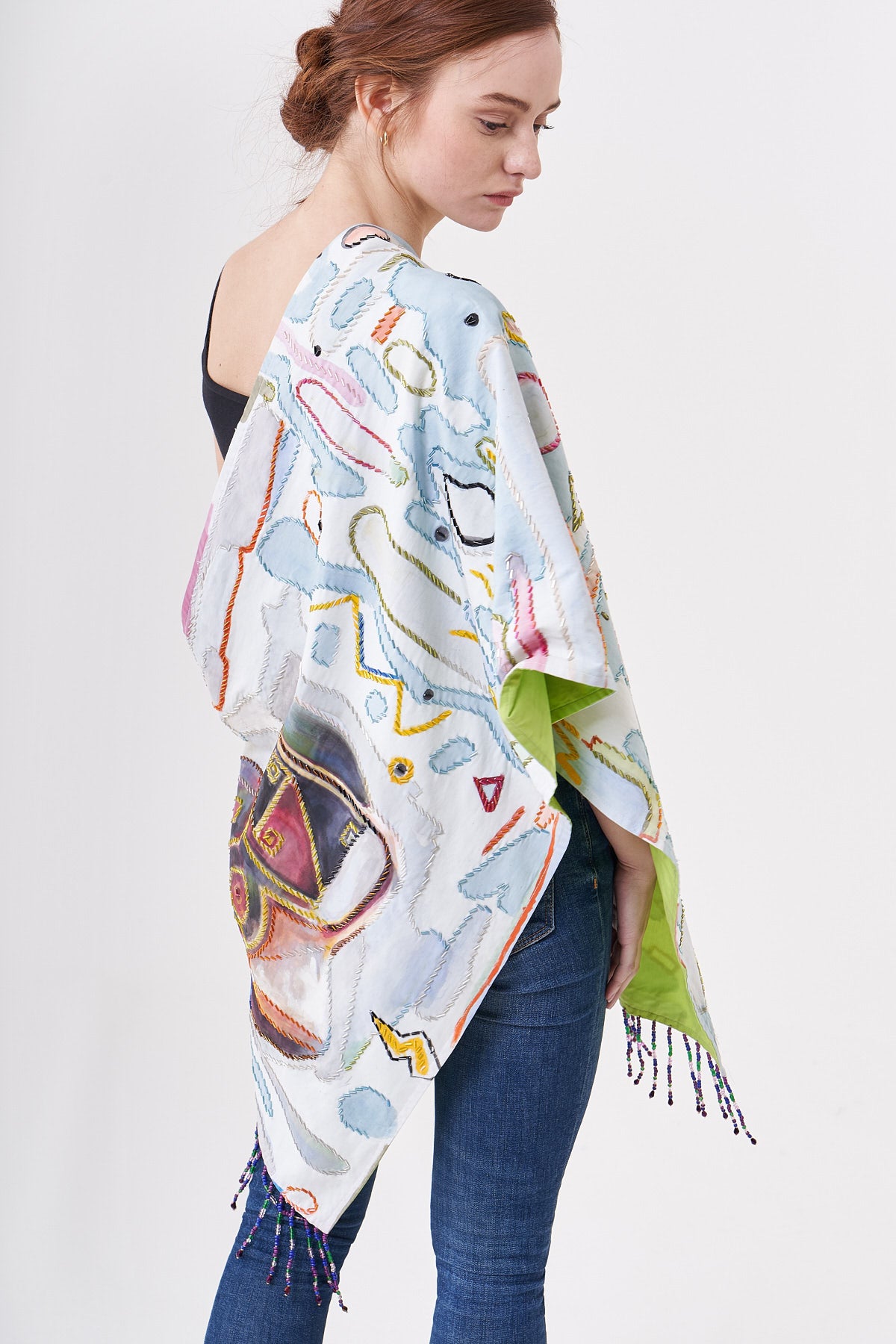 HAND-PAINTED AND HAND-EMBROIDERED SHAWL WITH BEADED FRINGE - ZAPOTECA CERAMIC